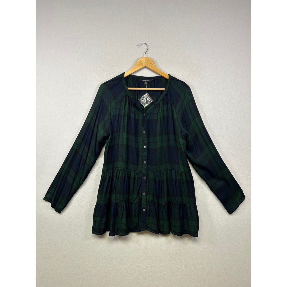 Dark Academia Chadwicks Womens Medium Green Plaid Tiered Babydoll Tunic Top